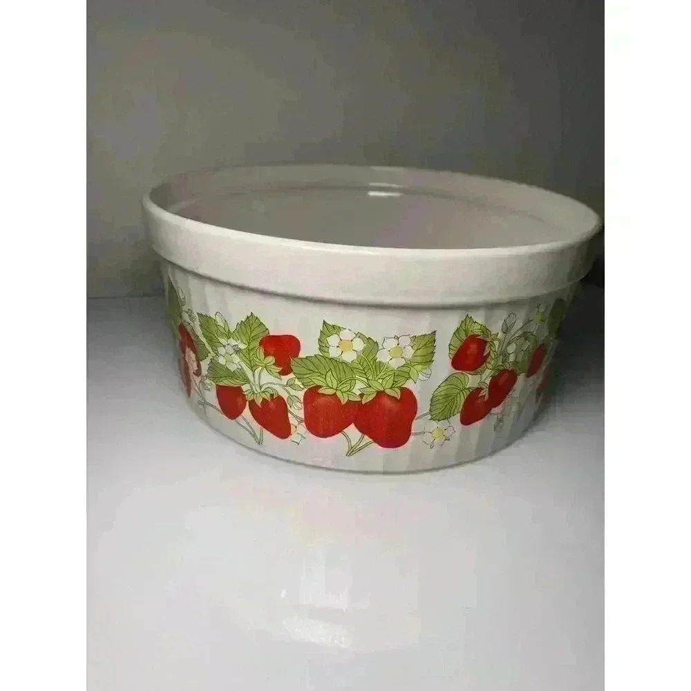 Vintage 1985 Action Strawberry Round Souffle Baking Souffle Dish Stoneware